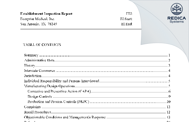 EIR - Footprint Medical, Inc. [San Antonio / United States of America] - Download PDF - Redica Systems