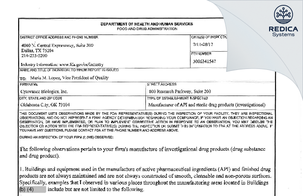 FDA 483 - Cytovance Biologics, Inc. [Oklahoma City / United States of America] - Download PDF - Redica Systems