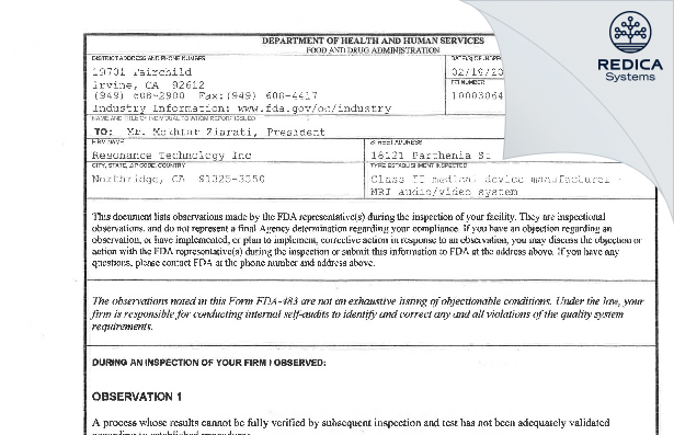 FDA 483 - Resonance Technology Inc [Northridge / United States of America] - Download PDF - Redica Systems