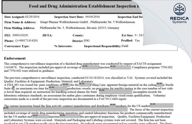 EIR - Haupt Pharma Wolfratshausen GmbH [Wolfratshausen / Germany] - Download PDF - Redica Systems