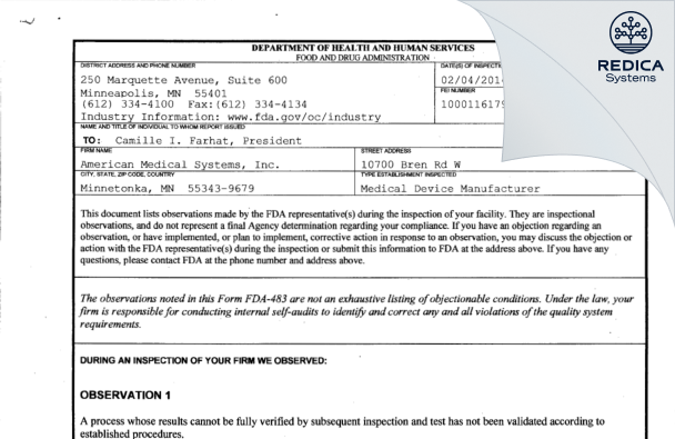 FDA 483 - American Medical Systems, LLC [Minnetonka / United States of America] - Download PDF - Redica Systems