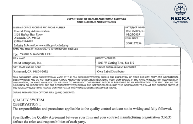 FDA 483 - MOM Enterprises, Inc. [Richmond / United States of America] - Download PDF - Redica Systems