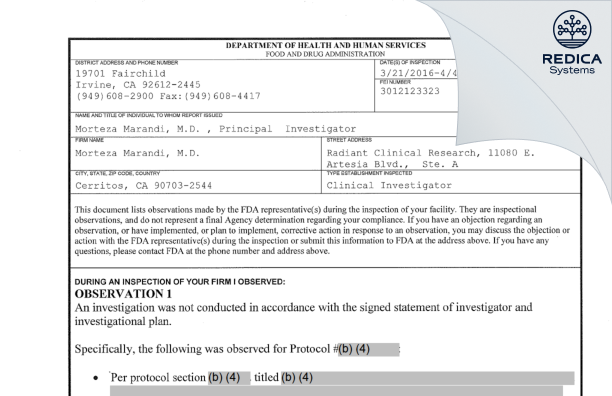 FDA 483 - Morteza Marandi, M.D. [Cerritos / United States of America] - Download PDF - Redica Systems