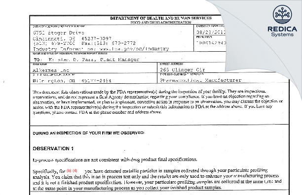 FDA 483 - Alkermes, Inc [Wilmington Ohio / United States of America] - Download PDF - Redica Systems