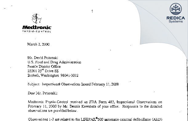 FDA 483 Response - Physio-Control, Inc. [Redmond / United States of America] - Download PDF - Redica Systems