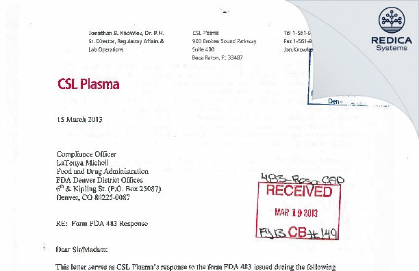 FDA 483 Response - CSL Plasma Inc. [Evans / United States of America] - Download PDF - Redica Systems