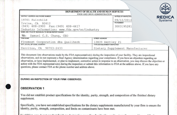 FDA 483 - Finemost Corporation [Artesia / United States of America] - Download PDF - Redica Systems