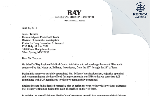 FDA 483 Response - Bay Regional Medical Center IRB [Bay City / United States of America] - Download PDF - Redica Systems