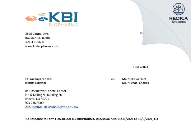 FDA 483 Response - KBI Biopharma, Inc. [Boulder / United States of America] - Download PDF - Redica Systems