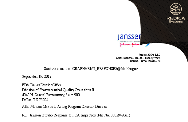 FDA 483 Response - Janssen Ortho LLC [Rico / United States of America] - Download PDF - Redica Systems