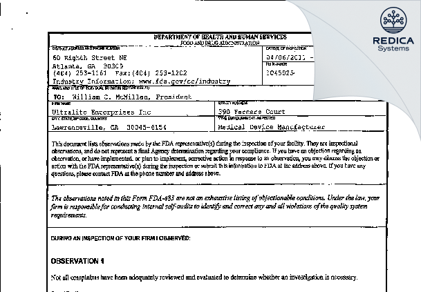 FDA 483 - Ultralite Enterprises Inc [Dacula / United States of America] - Download PDF - Redica Systems