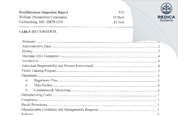 EIR - Wellstat Therapeutics Corporation [Gaithersburg / United States of America] - Download PDF - Redica Systems