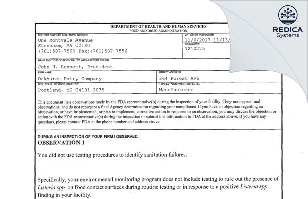 FDA 483 - Oakhurst Dairy Company [Portland / United States of America] - Download PDF - Redica Systems