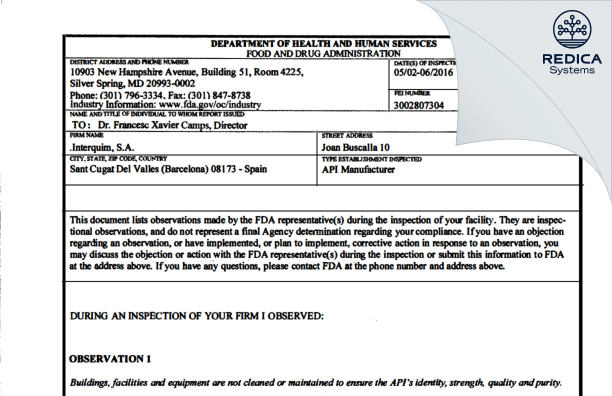 FDA 483 - Interquim, S.A. [Spain / Spain] - Download PDF - Redica Systems