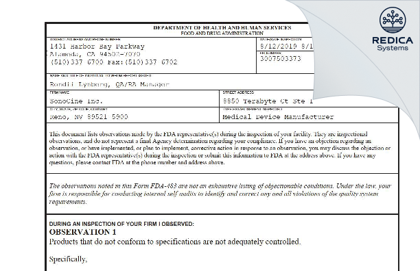 FDA 483 - SonoCine Inc. [Reno / United States of America] - Download PDF - Redica Systems
