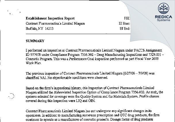 EIR - Contract Pharmaceuticals Limited Niagara [Buffalo / United States of America] - Download PDF - Redica Systems