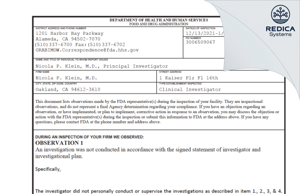 FDA 483 - Nicola P. Klein, M.D. [Oakland / United States of America] - Download PDF - Redica Systems