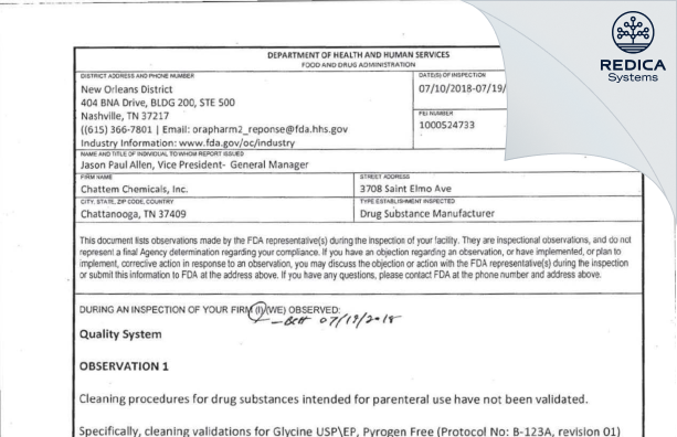 FDA 483 - Chattem Chemicals, Inc. [Chattanooga / United States of America] - Download PDF - Redica Systems