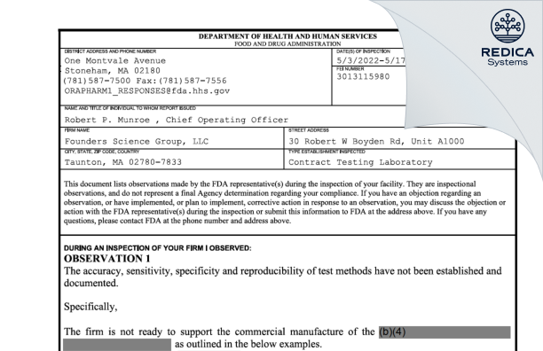 FDA 483 - Founders Science Group, LLC [Taunton / United States of America] - Download PDF - Redica Systems