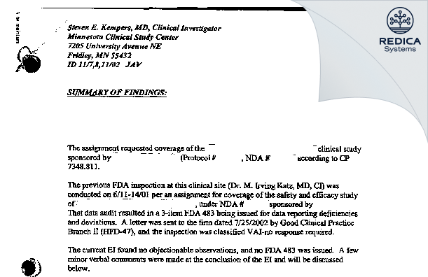 EIR - Kempers, Steven E., M.D., Clinical Investigator [Fridley / United States of America] - Download PDF - Redica Systems