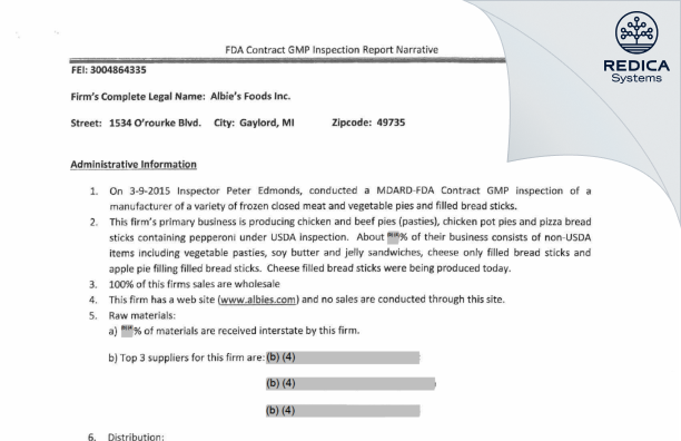 EIR - Albie's Foods Inc [Gaylord / United States of America] - Download PDF - Redica Systems