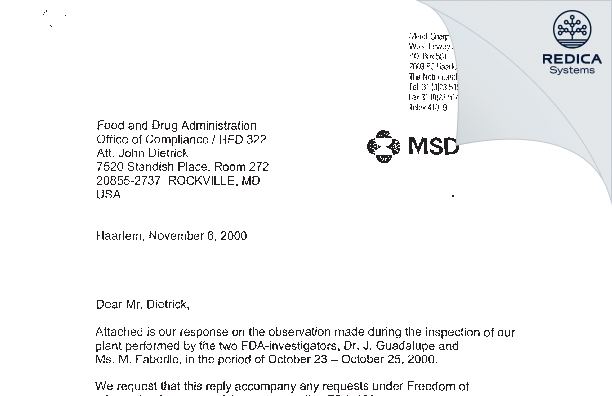 FDA 483 Response - Merck Sharp & Dohme BV [Haarlem / Netherlands] - Download PDF - Redica Systems