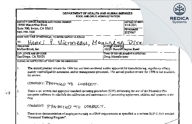 FDA 483 - Mallinckrodt Inc [San Diego / United States of America] - Download PDF - Redica Systems