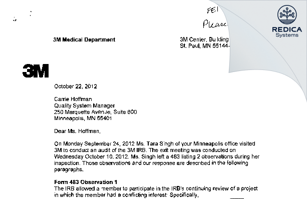 FDA 483 Response - 3M Company IRB [Saint Paul / United States of America] - Download PDF - Redica Systems