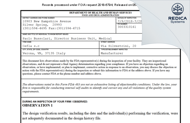 FDA 483 - Cefla s.c [Verona / Italy] - Download PDF - Redica Systems