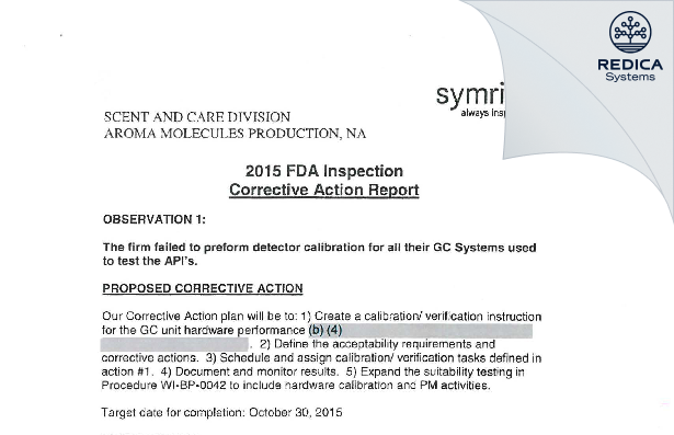 FDA 483 Response - Symrise, Inc. [Goose Creek / United States of America] - Download PDF - Redica Systems
