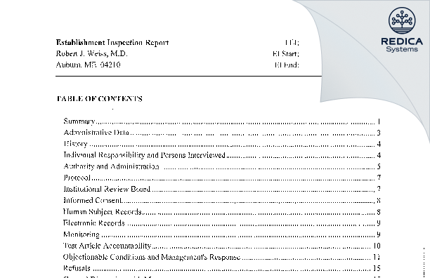 EIR - Robert J. Weiss, M.D. [Auburn / United States of America] - Download PDF - Redica Systems