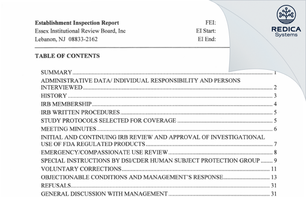 EIR - Essex Institutional Review Board, Inc [Lebanon / United States of America] - Download PDF - Redica Systems
