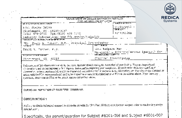 FDA 483 - Traci A Turner MD [Cincinnati / United States of America] - Download PDF - Redica Systems