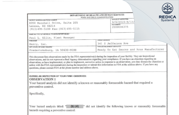 FDA 483 - Kerry, Inc. [Fredericksburg / United States of America] - Download PDF - Redica Systems