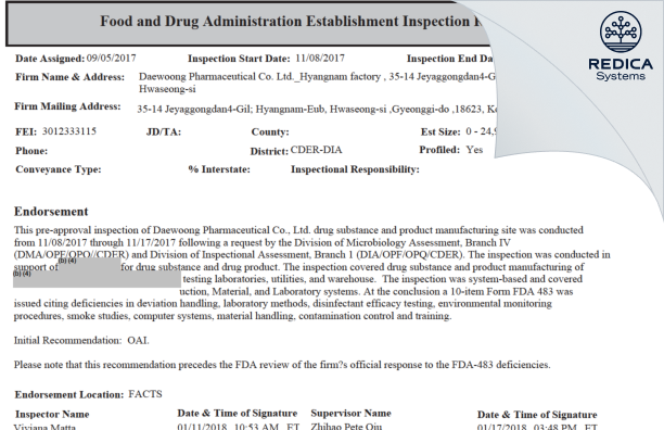 EIR - Daewoong Pharmaceutical Co. Ltd. [Korea South / Korea (Republic of)] - Download PDF - Redica Systems