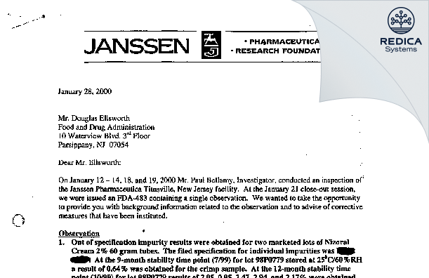 FDA 483 Response - Janssen Pharmaceuticals, Inc. [Jersey / United States of America] - Download PDF - Redica Systems