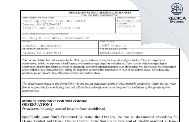 FDA 483 - OraLabs, Inc [Parker / United States of America] - Download PDF - Redica Systems