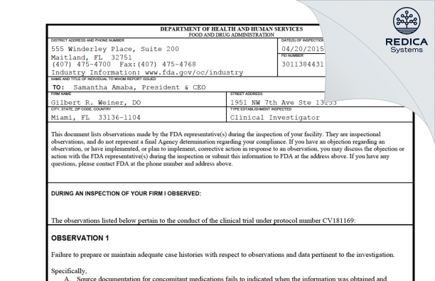 FDA 483 - Gilbert R. Weiner, DO [Miami / United States of America] - Download PDF - Redica Systems