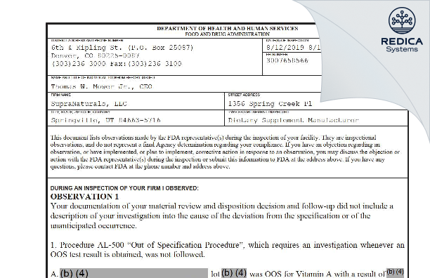 FDA 483 - SupraNaturals, LLC [Springville / United States of America] - Download PDF - Redica Systems