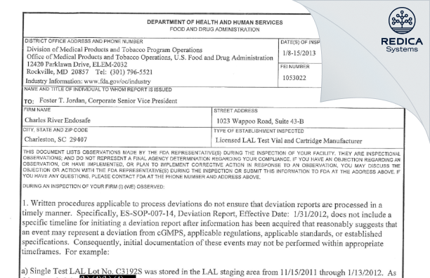 FDA 483 - Charles River Laboratories, Inc. DBA Charles River, Endosafe [Charleston / United States of America] - Download PDF - Redica Systems