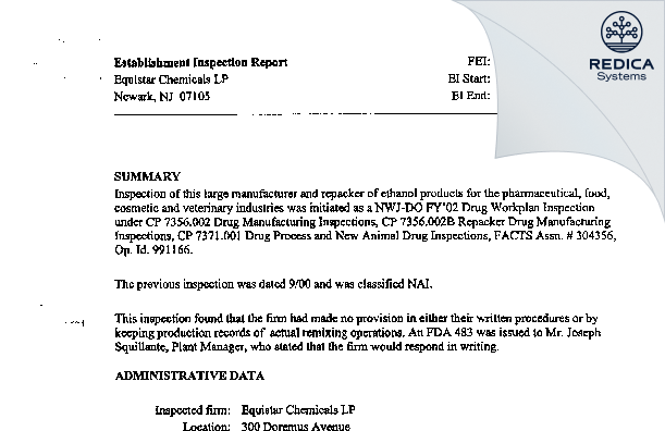EIR - Equistar Chemicals, LP [Newark / United States of America] - Download PDF - Redica Systems