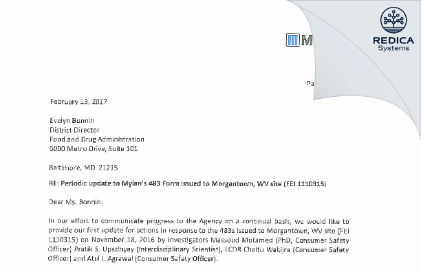 FDA 483 Response - Mylan Pharmaceuticals Inc. [Morgantown / United States of America] - Download PDF - Redica Systems