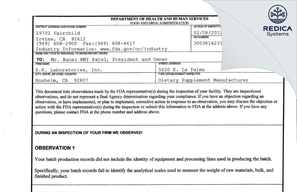 FDA 483 - S.K. Laboratories, Inc. [Anaheim / United States of America] - Download PDF - Redica Systems
