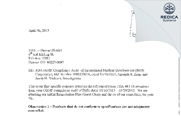 FDA 483 Response - International Medical Development, Inc. [Huntsville / United States of America] - Download PDF - Redica Systems
