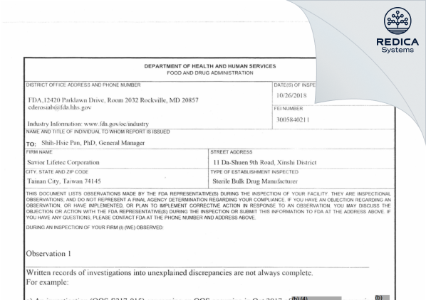 FDA 483 - Savior Lifetec Corporation Tainan Branch [Tainan City / Taiwan] - Download PDF - Redica Systems