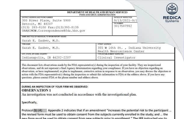 FDA 483 - Sarah E. Zauber, M.D. [Indianapolis / United States of America] - Download PDF - Redica Systems