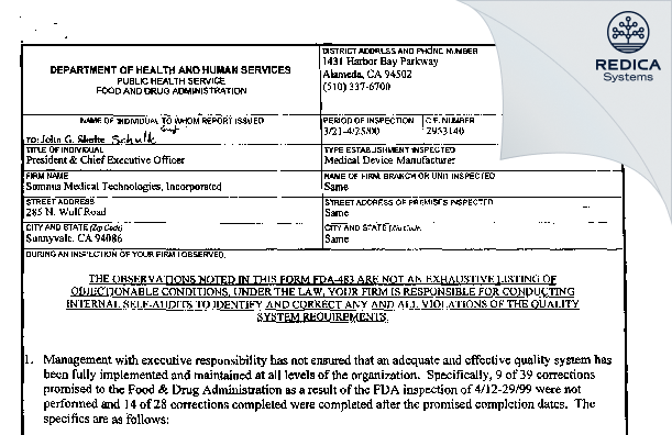 FDA 483 - Somnus Medical Technologies, Incorporated [Sunnyvale / -] - Download PDF - Redica Systems