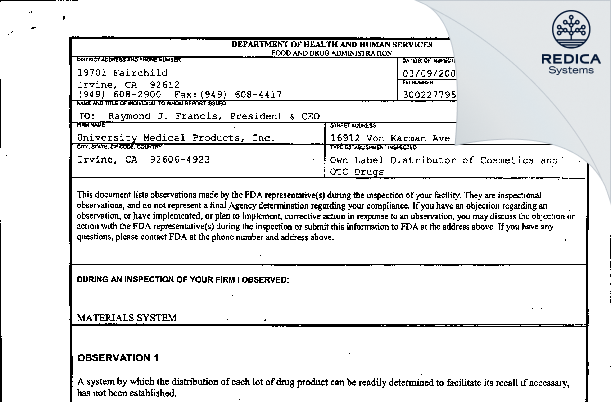 FDA 483 - University Medical Products, Inc. [Irvine / United States of America] - Download PDF - Redica Systems