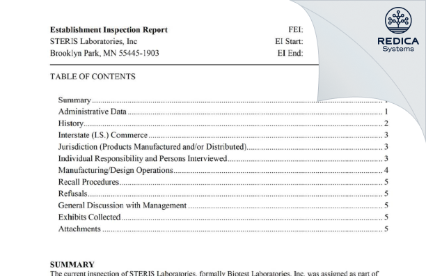 EIR - Steris Laboratories [Brooklyn Park / United States of America] - Download PDF - Redica Systems