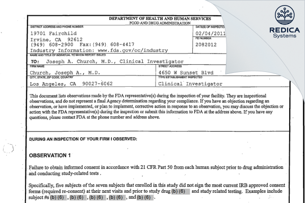 FDA 483 - Church, Joseph A., M.D. [Los Angeles / United States of America] - Download PDF - Redica Systems